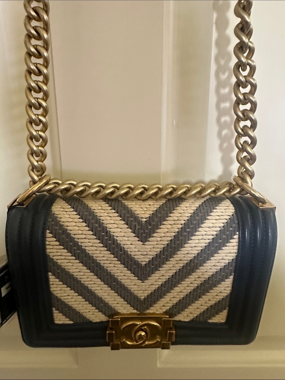 CHANEL small  blue & Cream Chevron and Leather Boy Crossbody